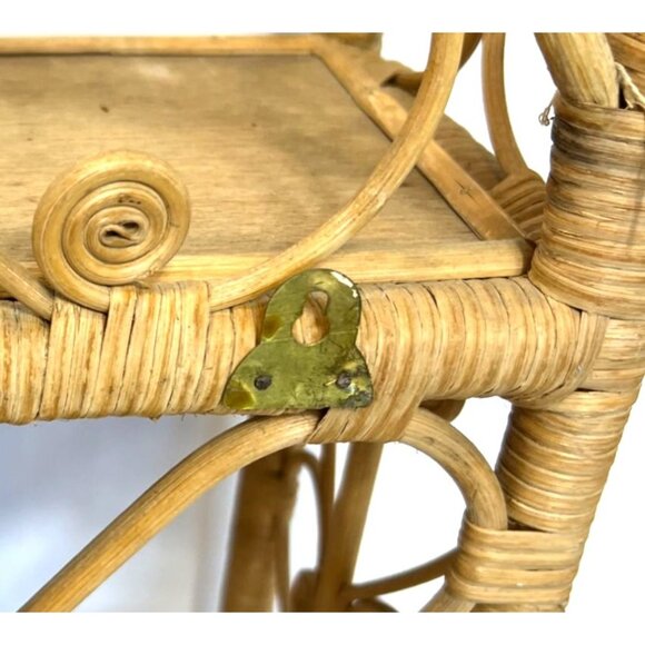 Vintage 1970s Rattan Wicker Wall Mounted Standing 2-Tier Shelf Spiral Scroll - Picture 10 of 11